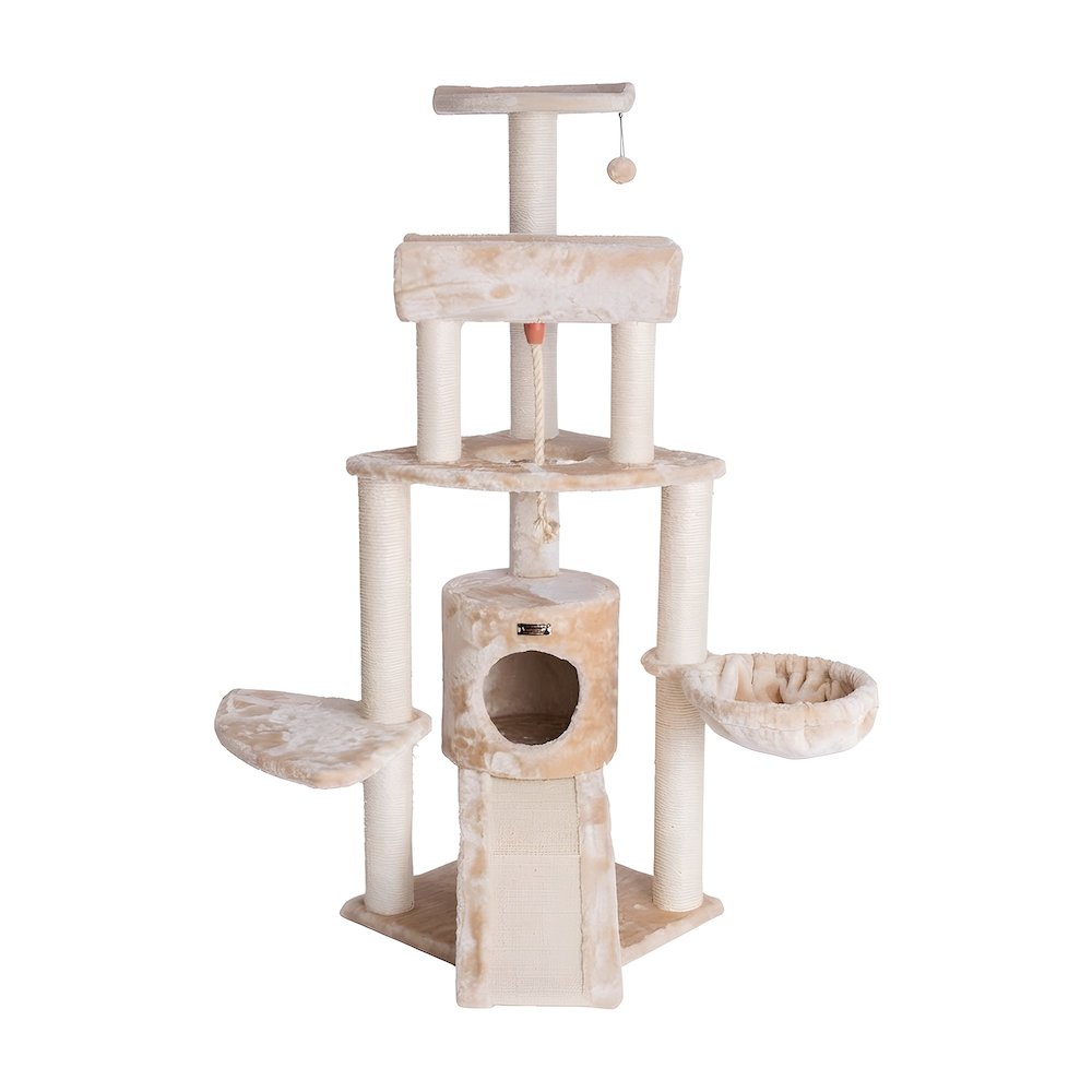 Faux Fur Wood Cat Tower with Basket Lounge, Ramp and Sisal Rope