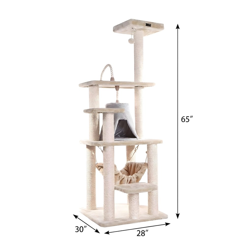 Faux Fur Cat Tree with Sisal Rope Posts, Hammock and Soft-Side Playhouse