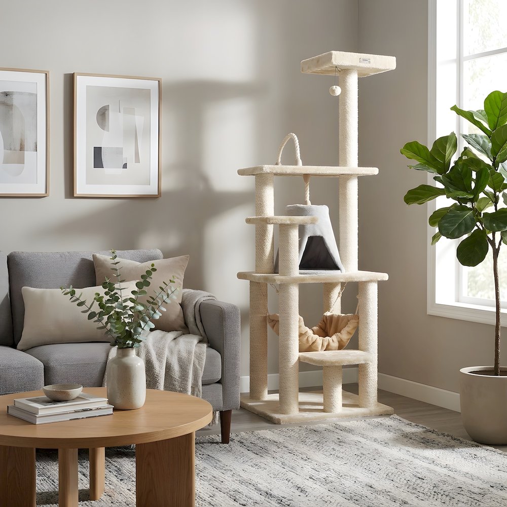 Faux Fur Cat Tree with Sisal Rope Posts, Hammock and Soft-Side Playhouse