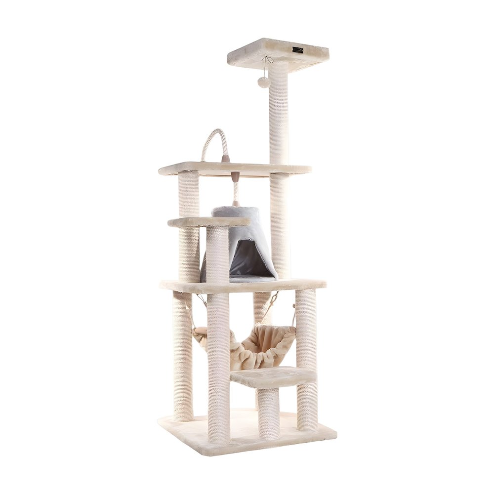Faux Fur Cat Tree with Sisal Rope Posts, Hammock and Soft-Side Playhouse
