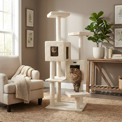 Pressed Wood Cat Tree with Dual Condos, Tunnel, Hammock, and Perches