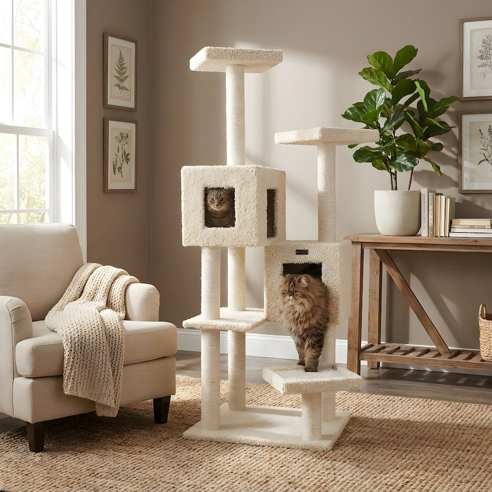 Pressed Wood Cat Tree with Dual Condos, Tunnel, Hammock, and Perches