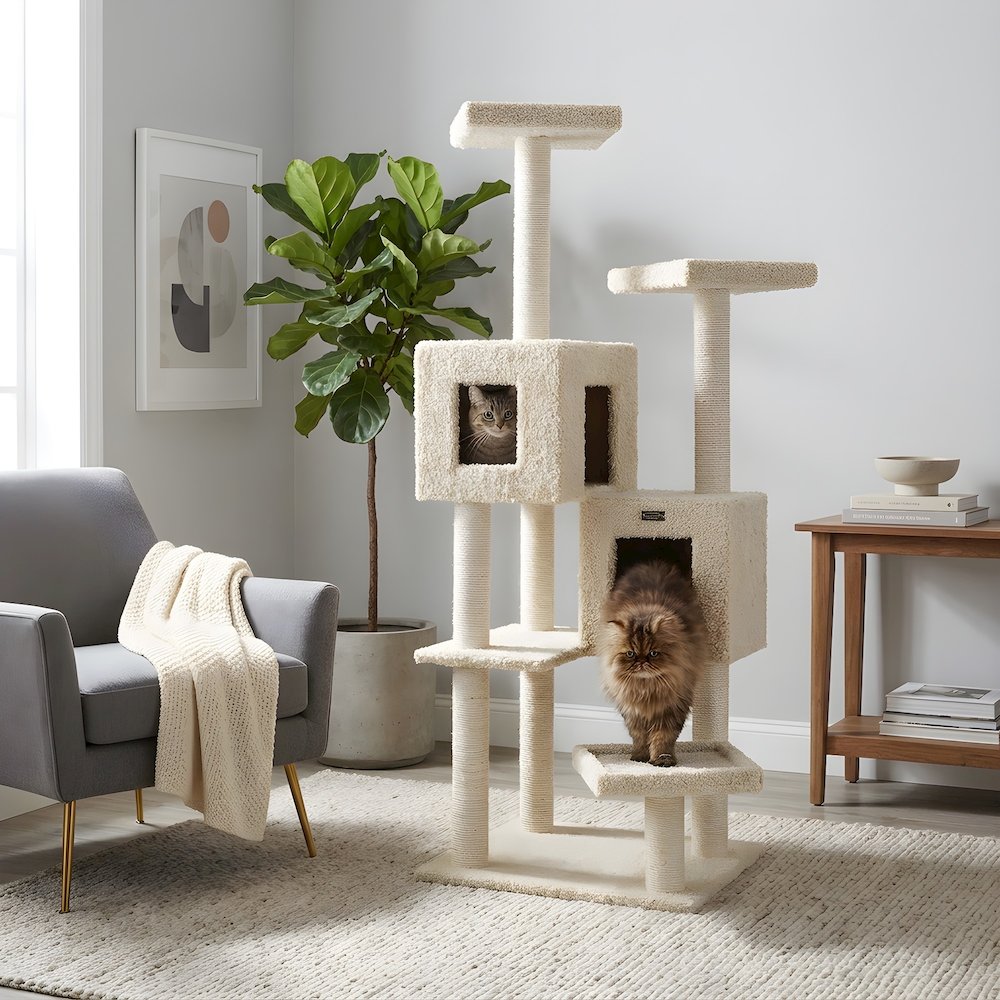 Pressed Wood Cat Tree with Dual Condos, Tunnel, Hammock, and Perches