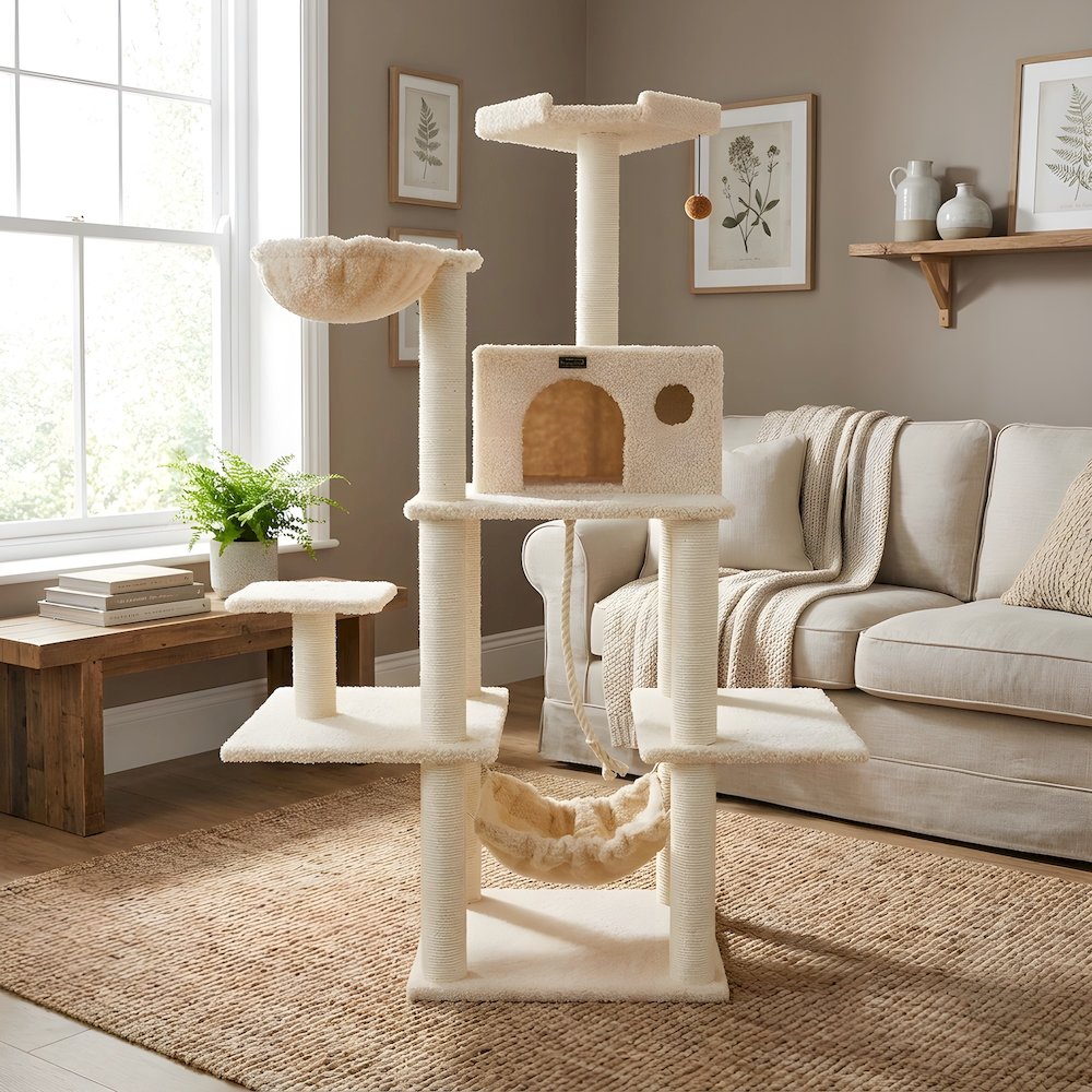 Pressed Wood Multi-Level Cat Tree with Hammock and Sisal Scratching Posts