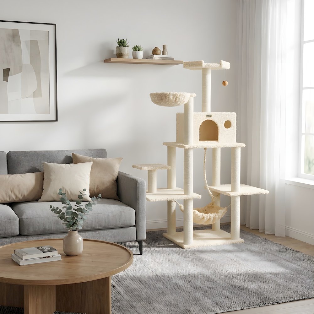 Pressed Wood Multi-Level Cat Tree with Hammock and Sisal Scratching Posts