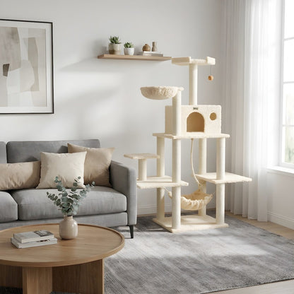 Pressed Wood Multi-Level Cat Tree with Hammock and Sisal Scratching Posts