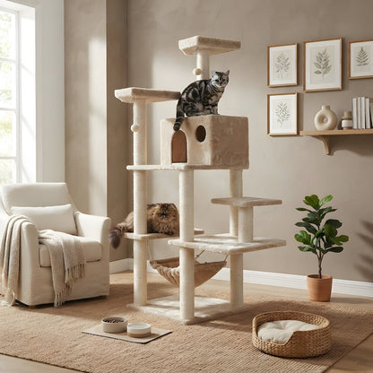 Pressed Wood Multi-Level Cat Tree with Condo and Sisal Scratching Post