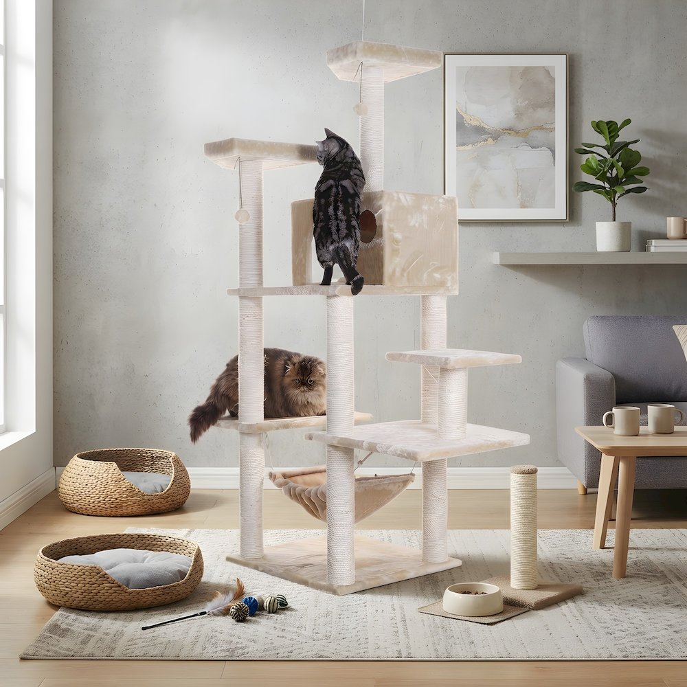 Pressed Wood Multi-Level Cat Tree with Condo and Sisal Scratching Post