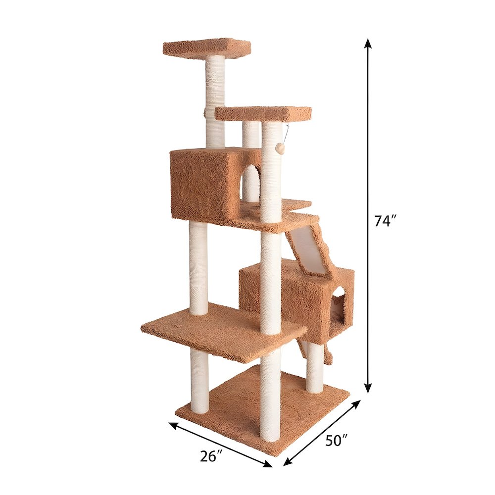 Wooden Cat Tree with Dual Ramps, Two Condos and Sisal Posts, 74 Inch