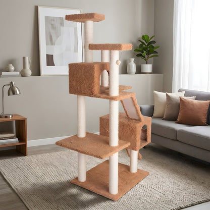 Wooden Cat Tree with Dual Ramps, Two Condos and Sisal Posts, 74 Inch