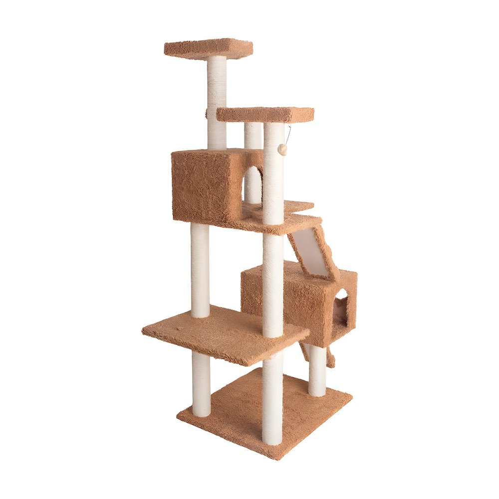 Wooden Cat Tree with Dual Ramps, Two Condos and Sisal Posts, 74 Inch