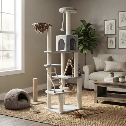 Pressed Wood 8-Level Cat Tree with Playhouse Condo and Hammock