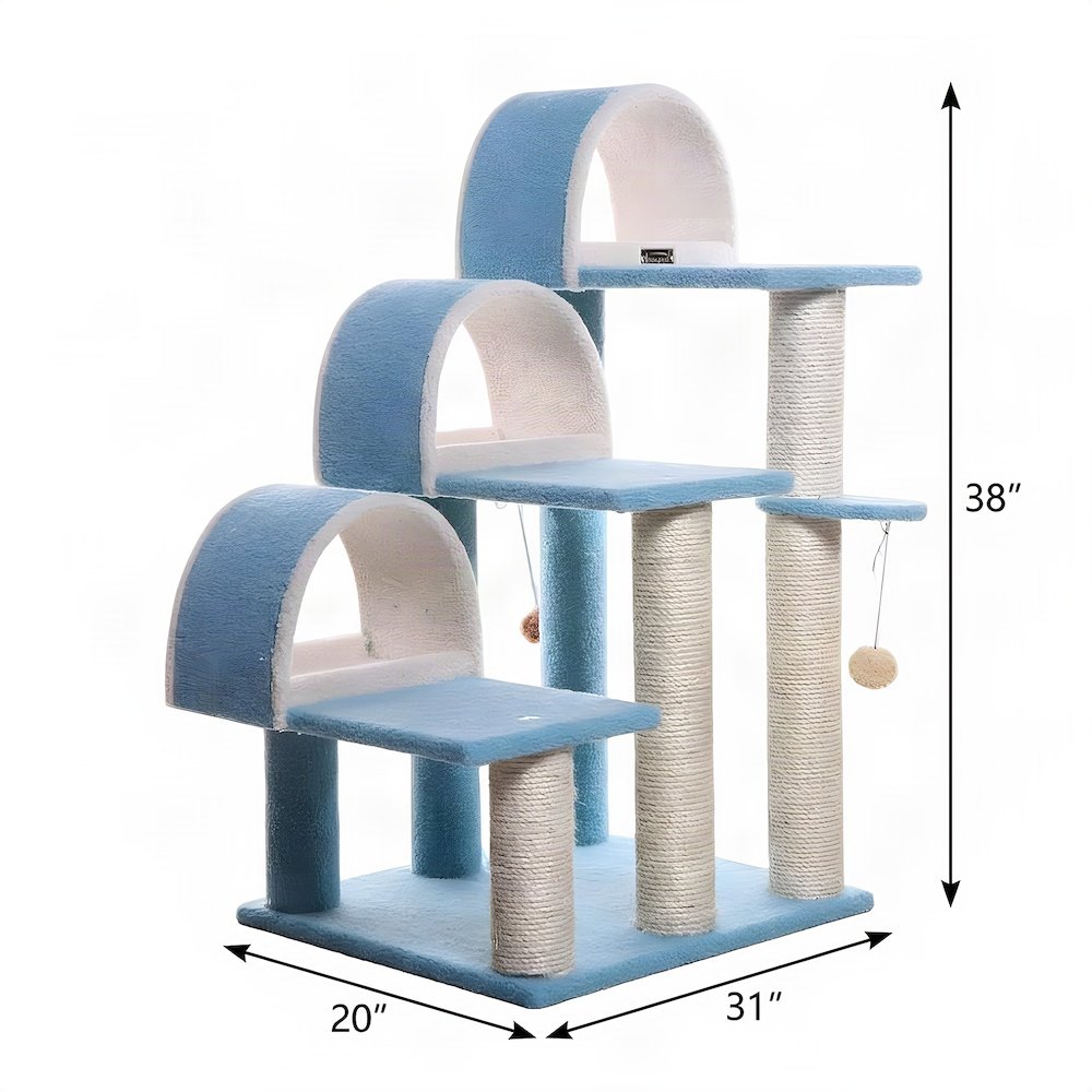 Bison Pets Tall Cat Tree with Step Stairs, Scratcher, and Ramp, Sky Blue