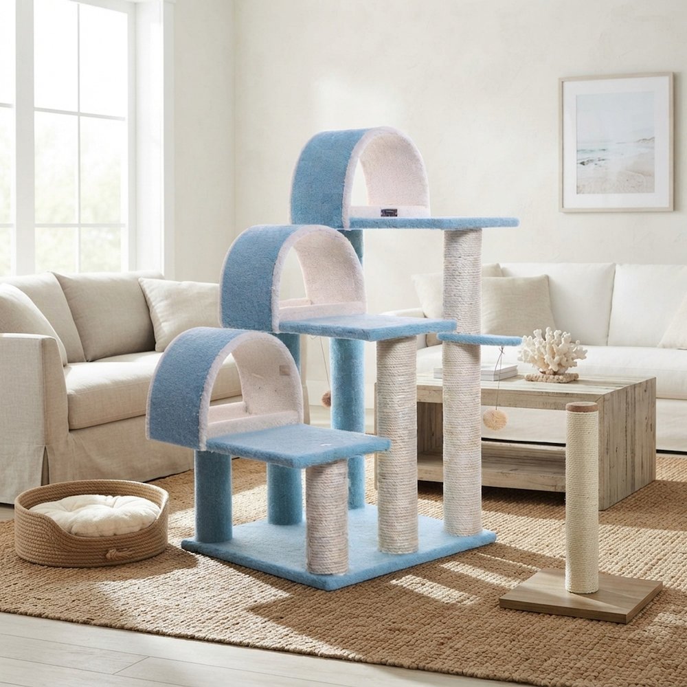 Bison Pets Tall Cat Tree with Step Stairs, Scratcher, and Ramp, Sky Blue