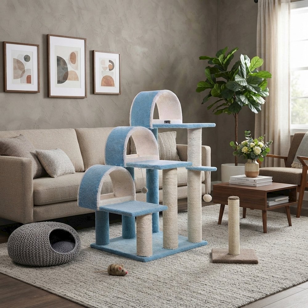 Bison Pets Tall Cat Tree with Step Stairs, Scratcher, and Ramp, Sky Blue