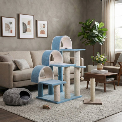Bison Pets Tall Cat Tree with Step Stairs, Scratcher, and Ramp, Sky Blue