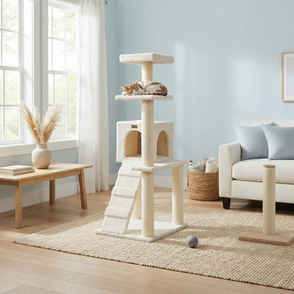 Bison Pets Cat Tree Tower with Sisal-Wrapped Posts and Fleece Condo, Ivory