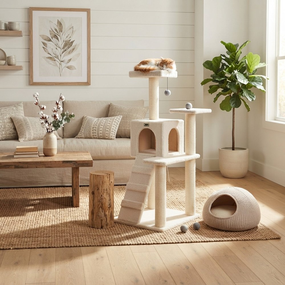 Bison Pets Cat Tree Tower with Sisal-Wrapped Posts and Fleece Condo, Ivory