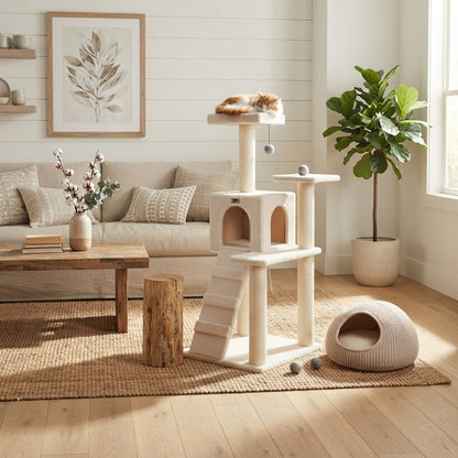 Bison Pets Cat Tree Tower with Sisal-Wrapped Posts and Fleece Condo, Ivory