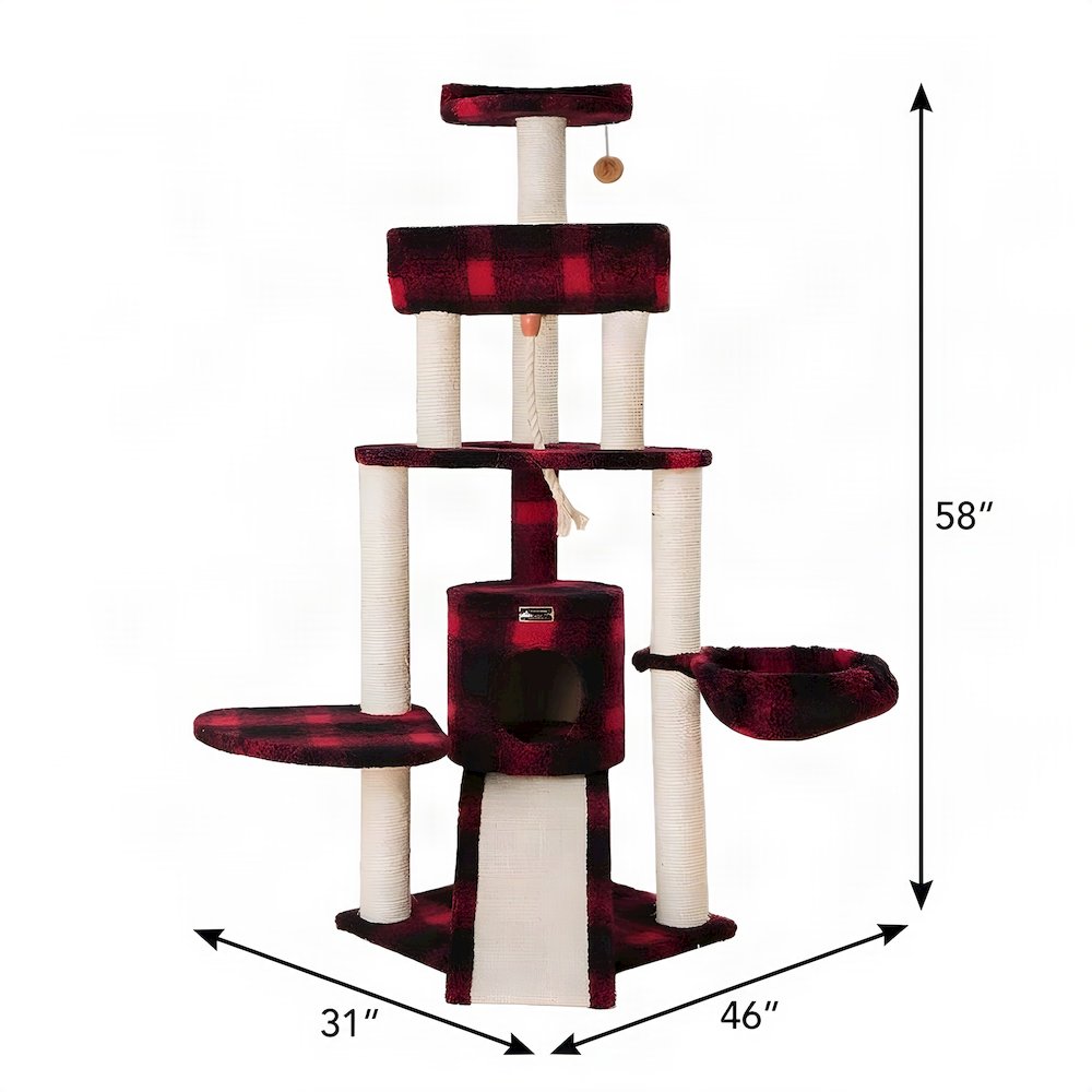 Bison Pets Cat Tree Tower with Four Levels, Sisal Rope and Condo, Black/Red