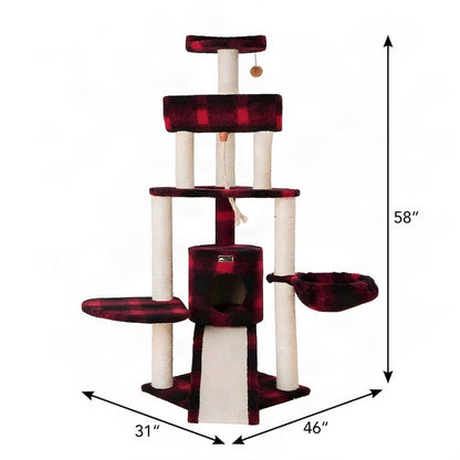Bison Pets Cat Tree Tower with Four Levels, Sisal Rope and Condo, Black/Red