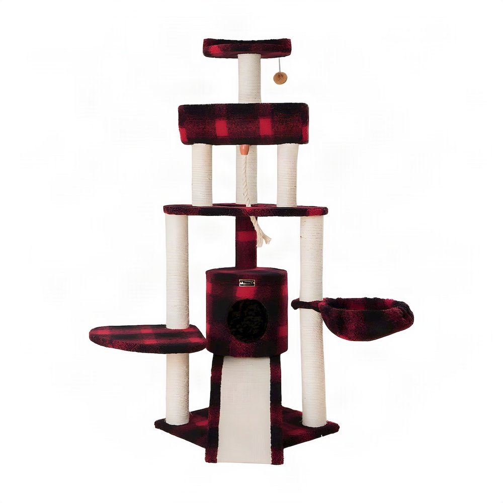 Bison Pets Cat Tree Tower with Four Levels, Sisal Rope and Condo, Black/Red