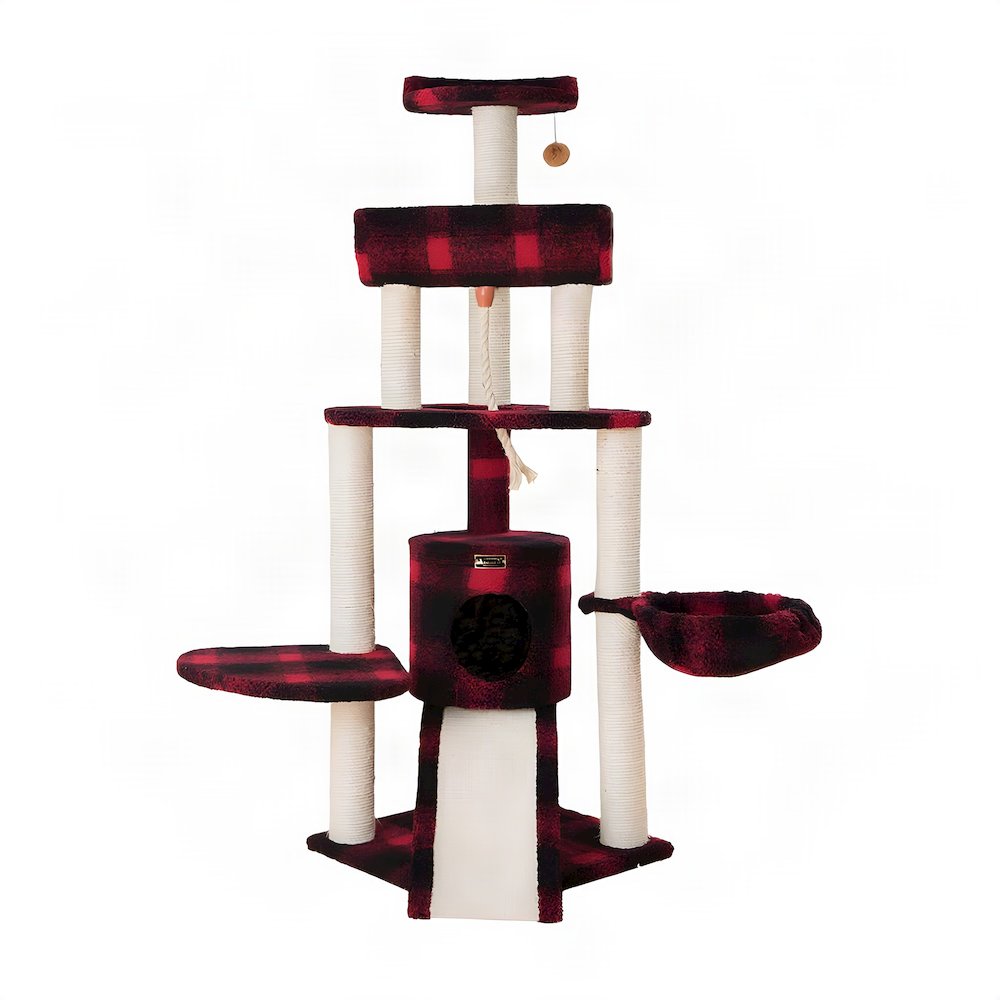 Bison Pets Cat Tree Tower with Four Levels, Sisal Rope and Condo, Black/Red