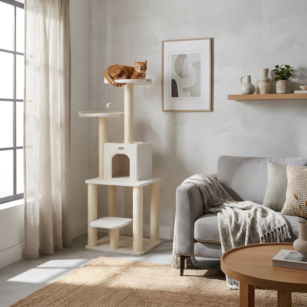 Pressed Wood Cat Tree with Faux Fleece, Five-Level Condo and Sisal Posts