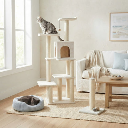 Bison Pets Tall Cat Tree with Condo, Six Levels, and Sisal Posts, Ivory