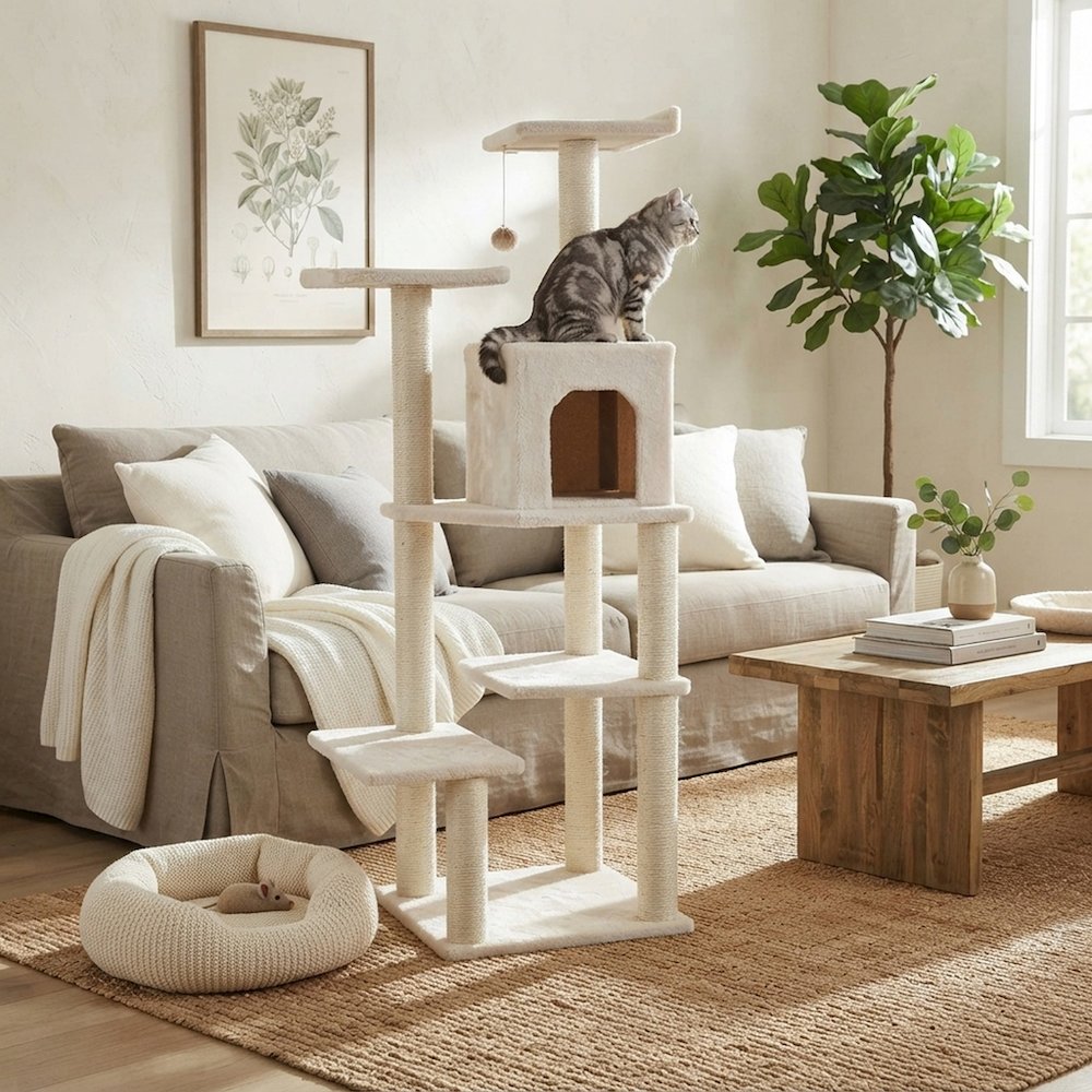 Bison Pets Tall Cat Tree with Condo, Six Levels, and Sisal Posts, Ivory