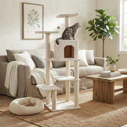 Bison Pets Tall Cat Tree with Condo, Six Levels, and Sisal Posts, Ivory