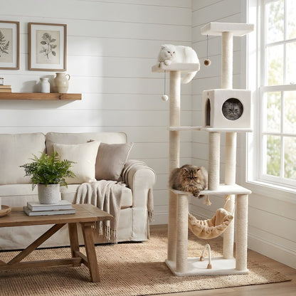 Pressed Wood Cat Tree with Sisal Posts, Four-Level Tower with Hammock and Condo