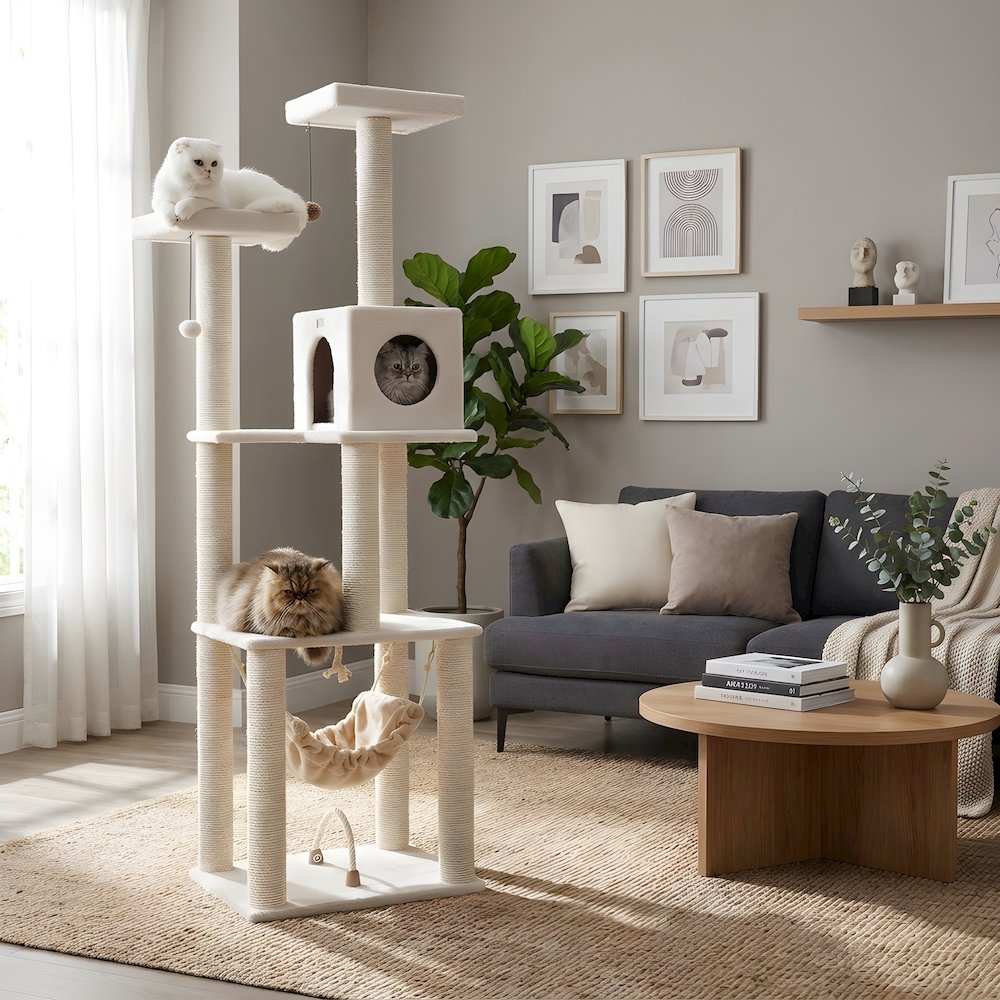 Pressed Wood Cat Tree with Sisal Posts, Four-Level Tower with Hammock and Condo
