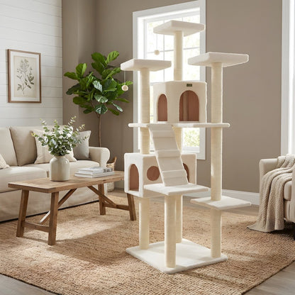 Pressed Wood Cat Tree with Sisal Posts, Multi-Level Ramp Tower and Condos