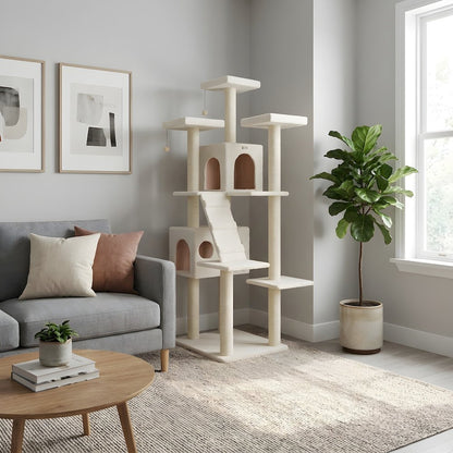 Pressed Wood Cat Tree with Sisal Posts, Multi-Level Ramp Tower and Condos