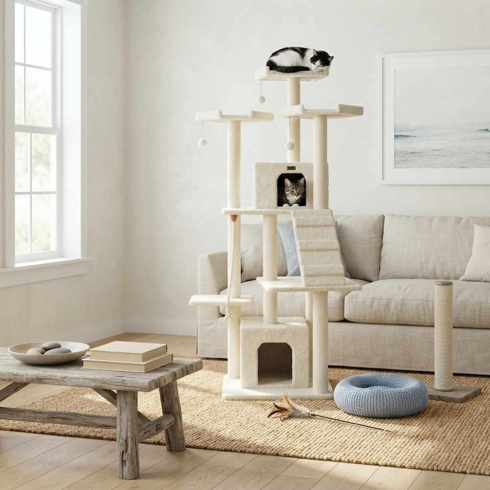 Bison Pets Cat Tree Tower with Multi-Level Ramp, Ivory
