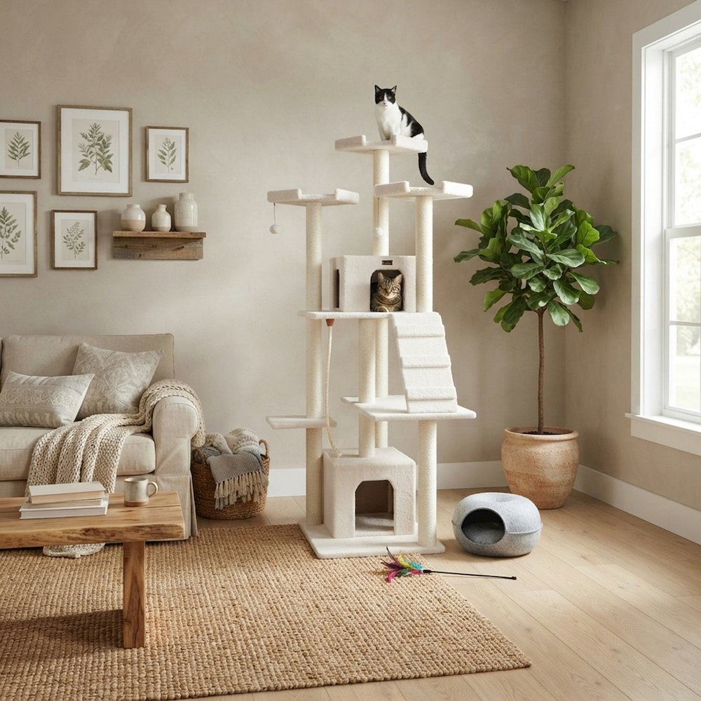 Bison Pets Cat Tree Tower with Multi-Level Ramp, Ivory