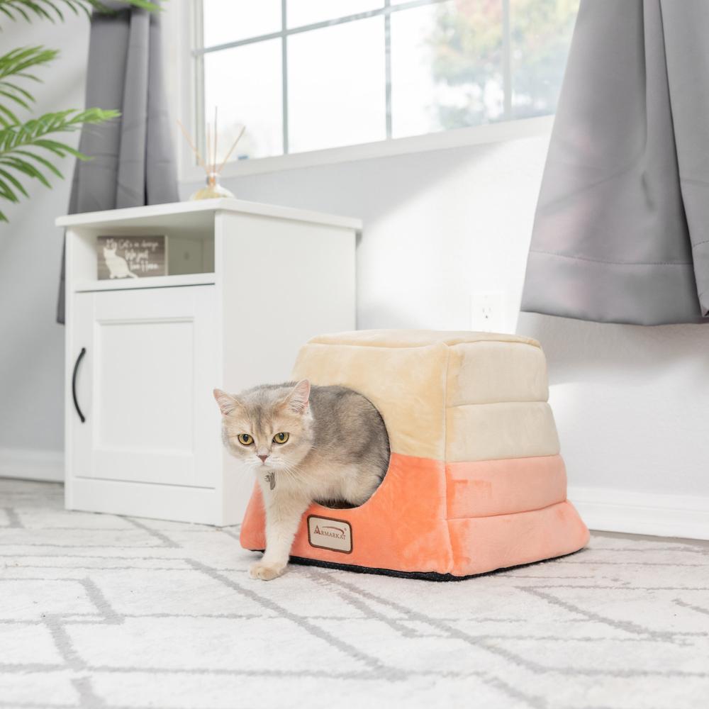 2-In-1 Cat Bed Cave Shape And Cuddle Pet Bed, Orange/Beige