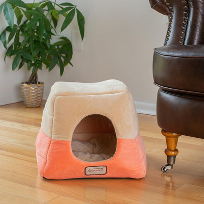 2-In-1 Cat Bed Cave Shape And Cuddle Pet Bed, Orange/Beige
