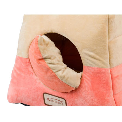 2-In-1 Cat Bed Cave Shape And Cuddle Pet Bed, Orange/Beige