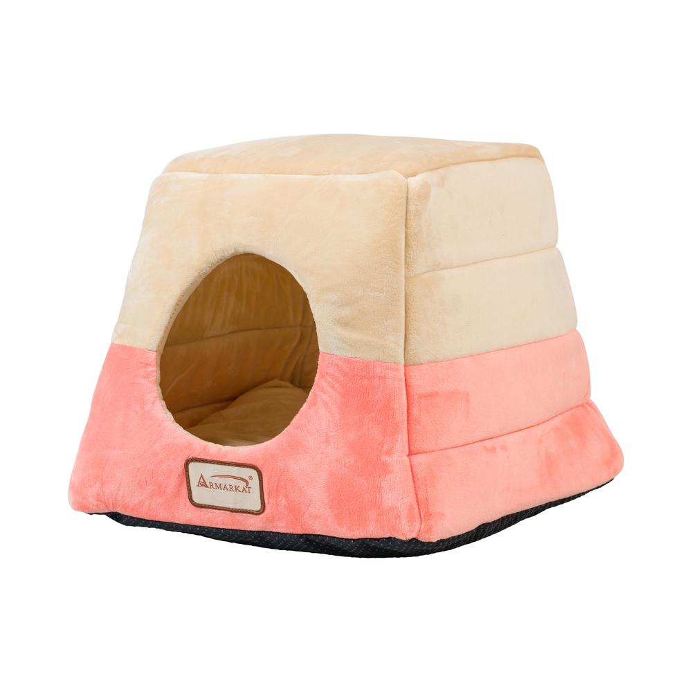 2-In-1 Cat Bed Cave Shape And Cuddle Pet Bed, Orange/Beige
