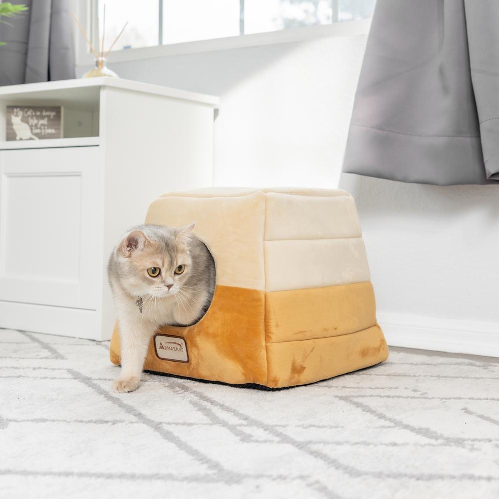 2-In-1 Cat Bed Cave Shape And Cuddle Pet Bed, Brown/Beige