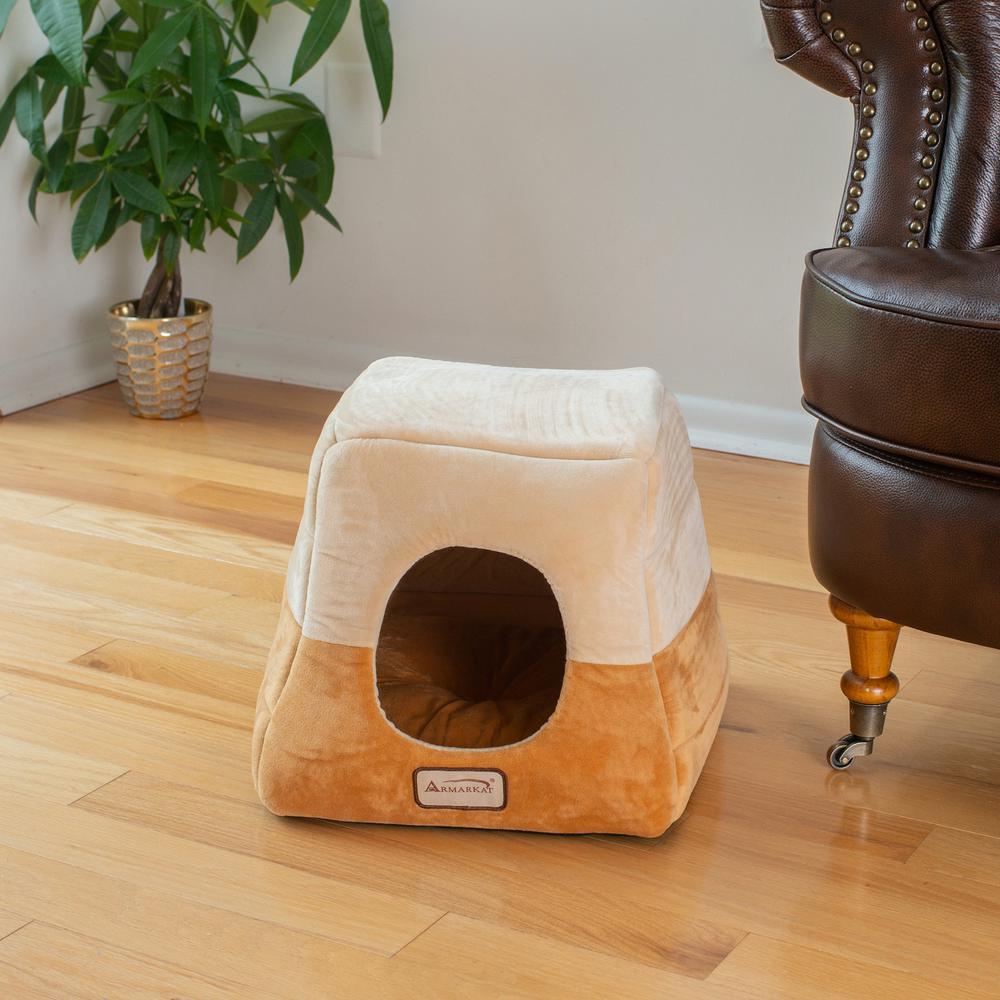 2-In-1 Cat Bed Cave Shape And Cuddle Pet Bed, Brown/Beige