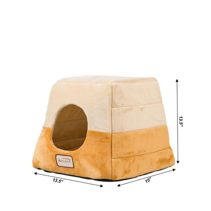2-In-1 Cat Bed Cave Shape And Cuddle Pet Bed, Brown/Beige