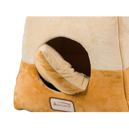 2-In-1 Cat Bed Cave Shape And Cuddle Pet Bed, Brown/Beige