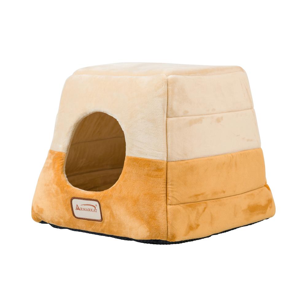 2-In-1 Cat Bed Cave Shape And Cuddle Pet Bed, Brown/Beige