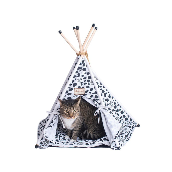 Cat Bed Teepee Style, White W/Black Paw Print