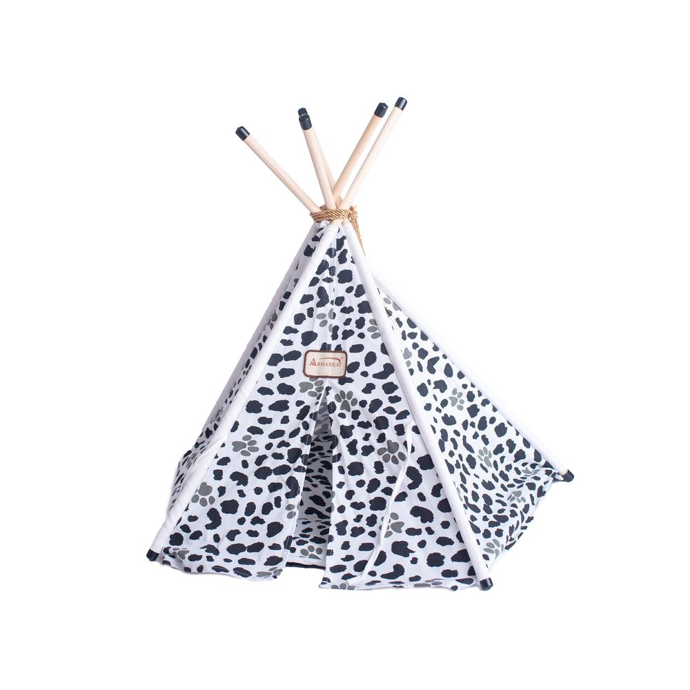 Cat Bed Teepee Style, White W/Black Paw Print