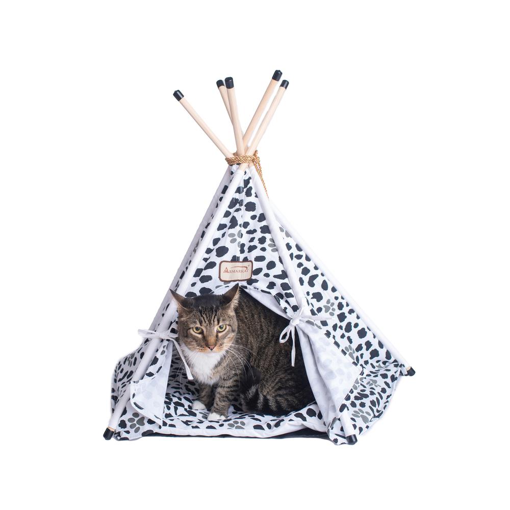 Cat Bed Teepee Style, White W/Black Paw Print