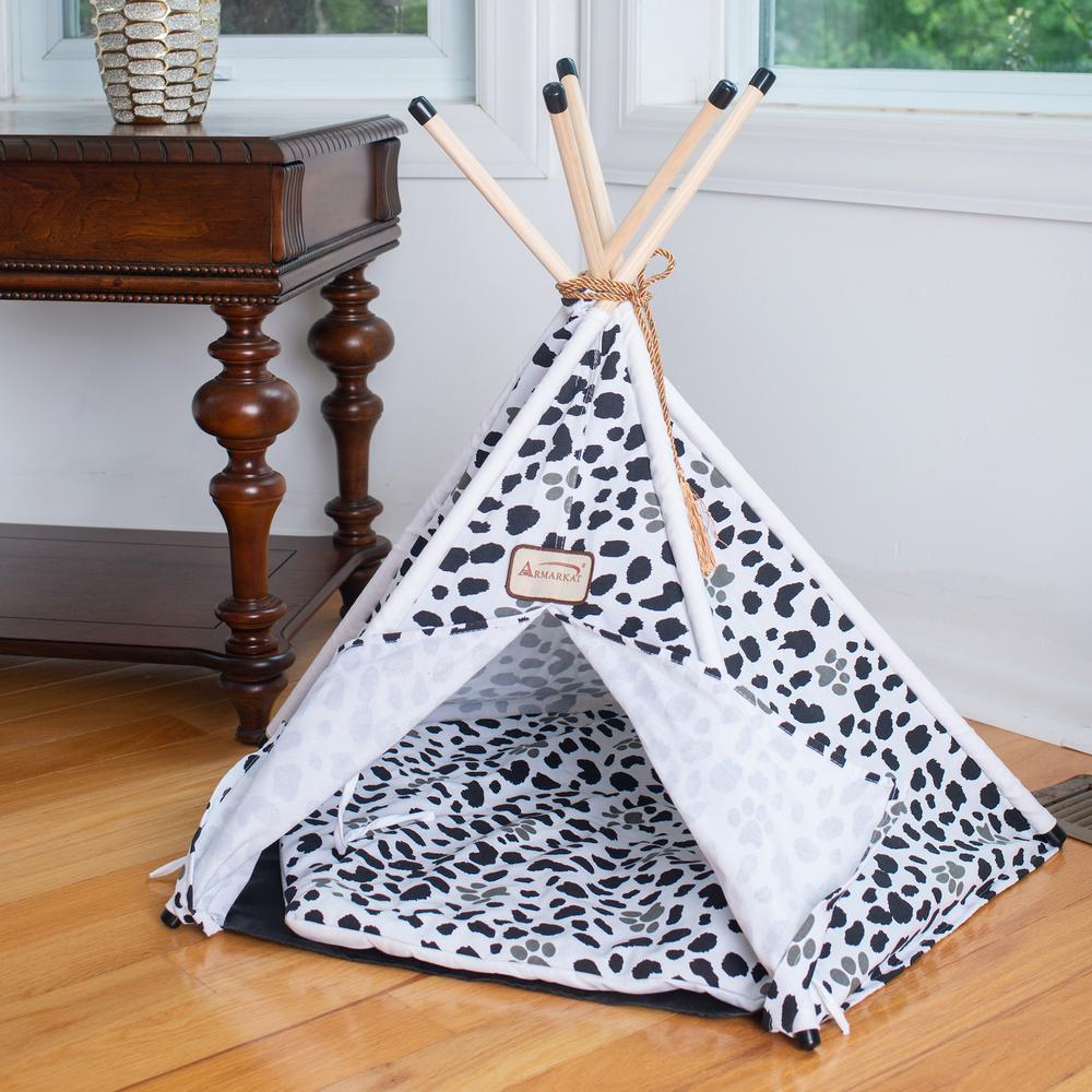 Cat Bed Teepee Style, White W/Black Paw Print